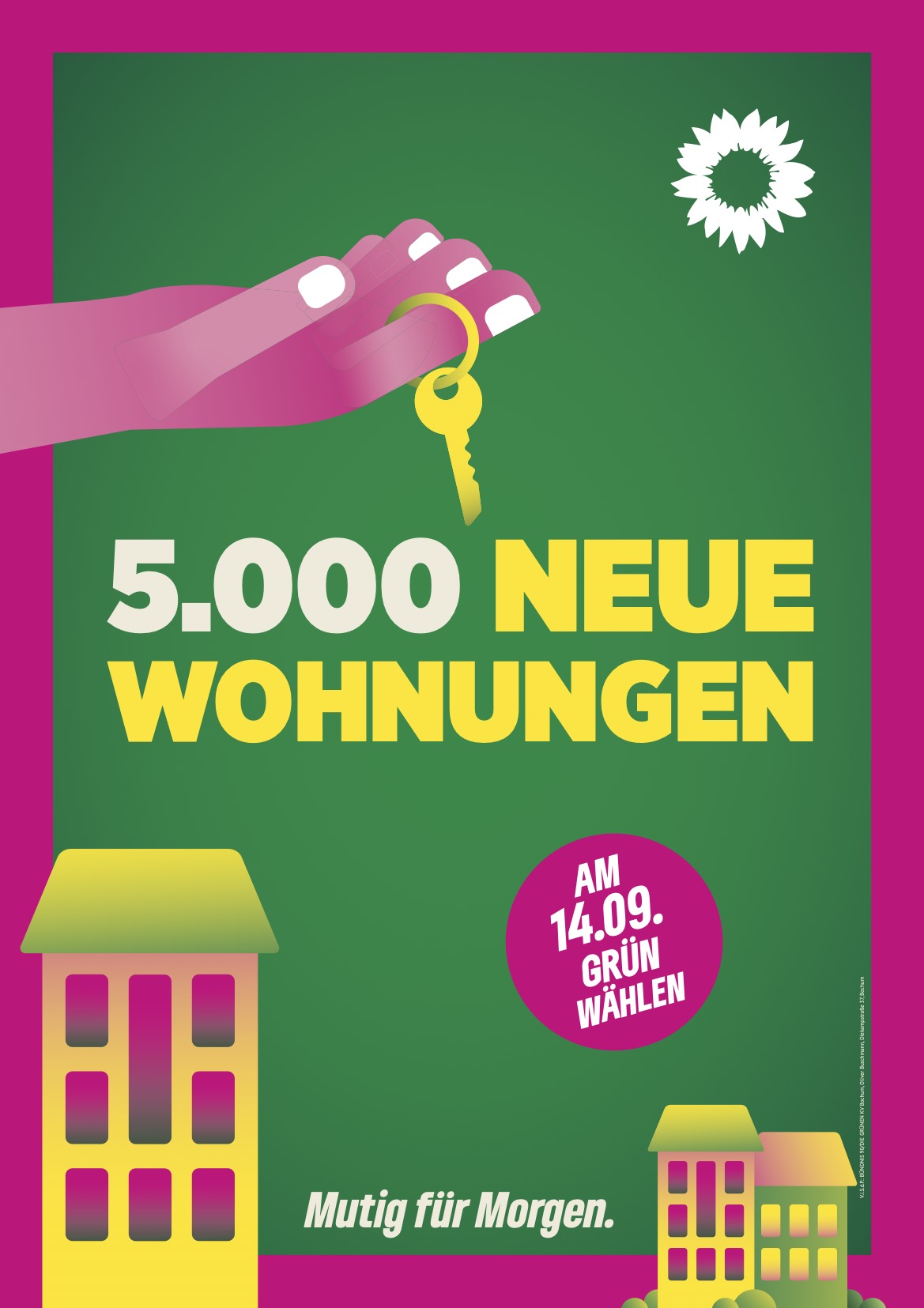 Wahlplakat Kommunalwahl Wahl 2025 Bochum - 14.9. GRÜNE wählen - 5000 neue Wohnungen - Mutig für Morgen. Ziel zum Wohnen und Leben in der Stadt